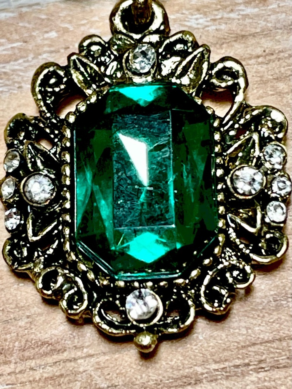 Antique Gold-Tone Green Crystal Drop Earrings with Clear Crystal Accents - Picture 3 of 3
